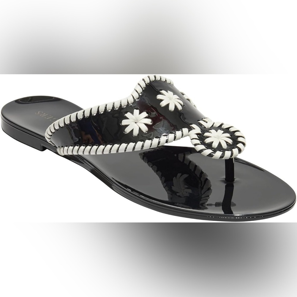 Jack Rogers Black Faux Patent Leather PVC Whipstitch Jacks Jelly Sandals Size 9